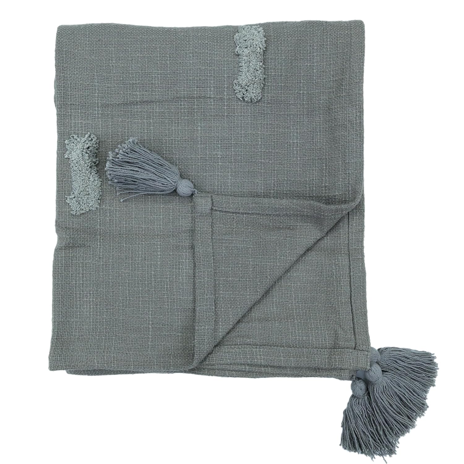 Tufted Cotton Throw Blanket with Tassels – Grey | 125×150 cm