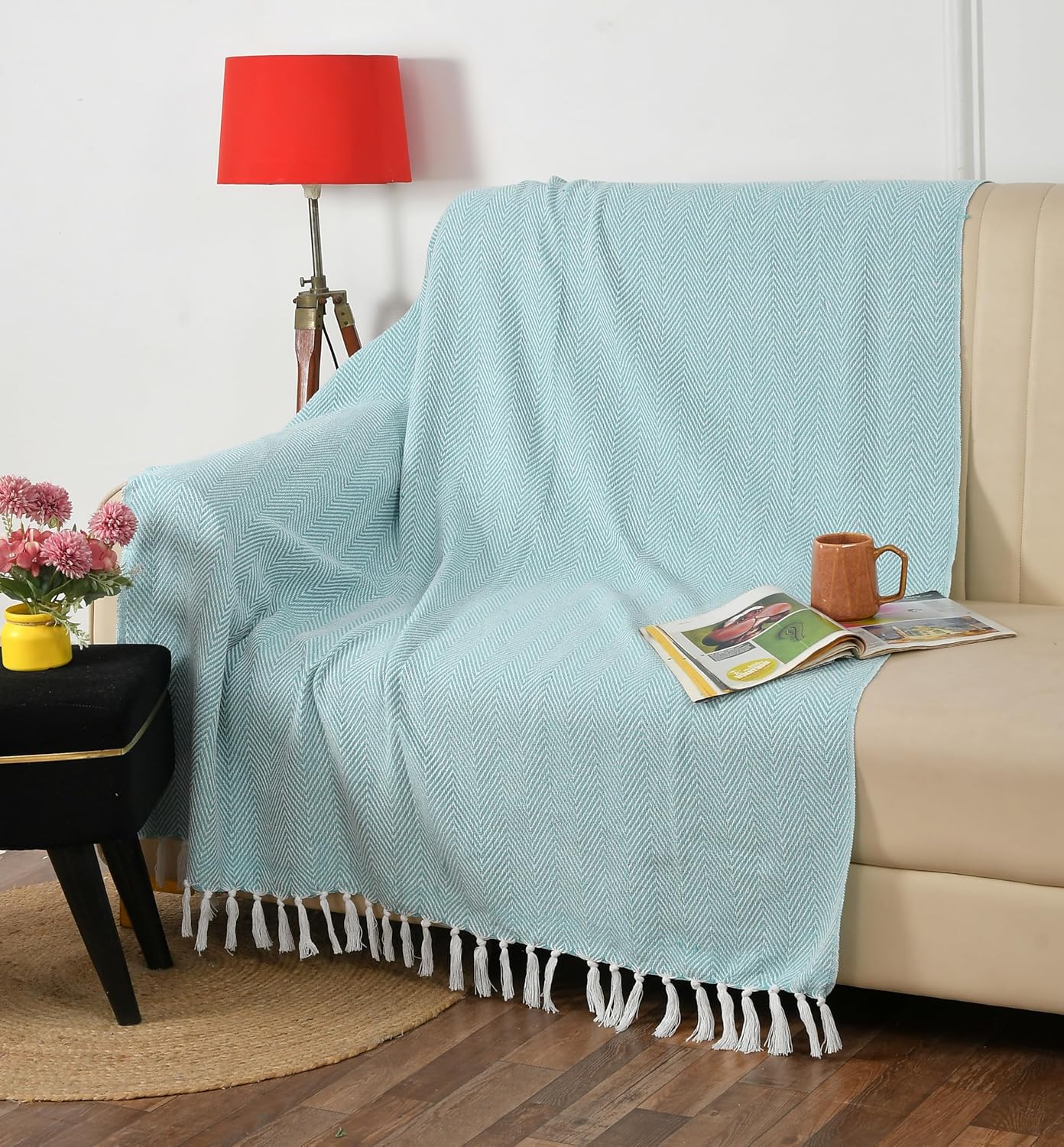 Sky Blue Zig Zag Chevron Cotton Throw Blanket - (125×150 cm / 50×60 inches)