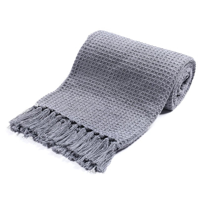 Grey Waffle Weave Cotton Throw Blanket with Tassels | Sofa & Bed Throw | 125 x 150 cm