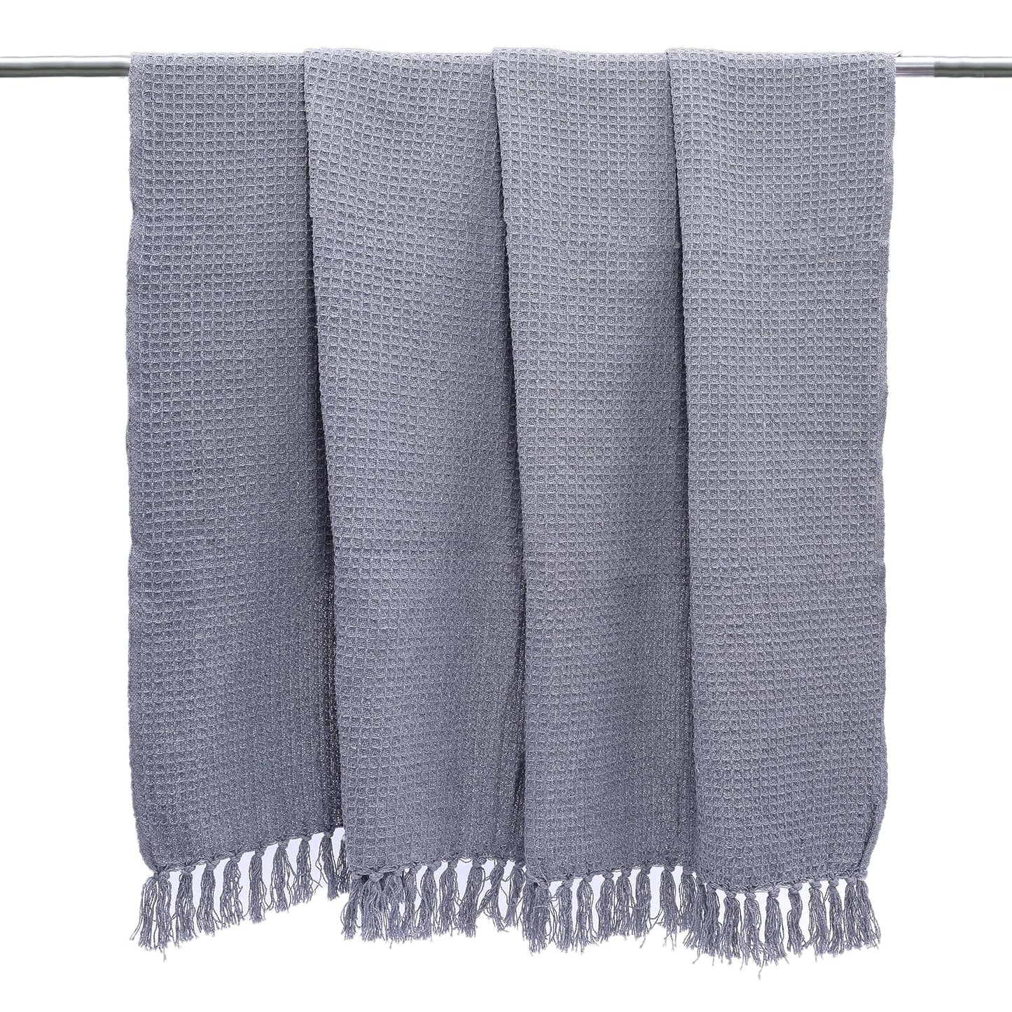 Grey Waffle Weave Cotton Throw Blanket with Tassels | Sofa & Bed Throw | 125 x 150 cm