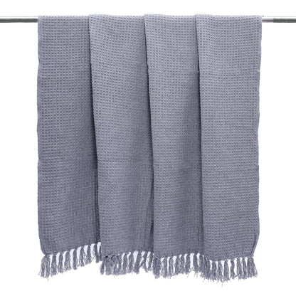 Grey Waffle Weave Cotton Throw Blanket with Tassels | Sofa & Bed Throw | 125 x 150 cm