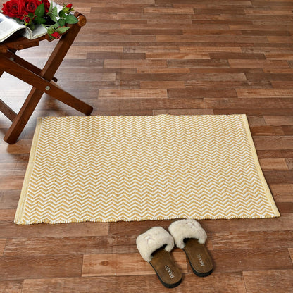Handwoven Cotton Rug | Floor Mat for Living Room, Bedroom (White & Yellow)