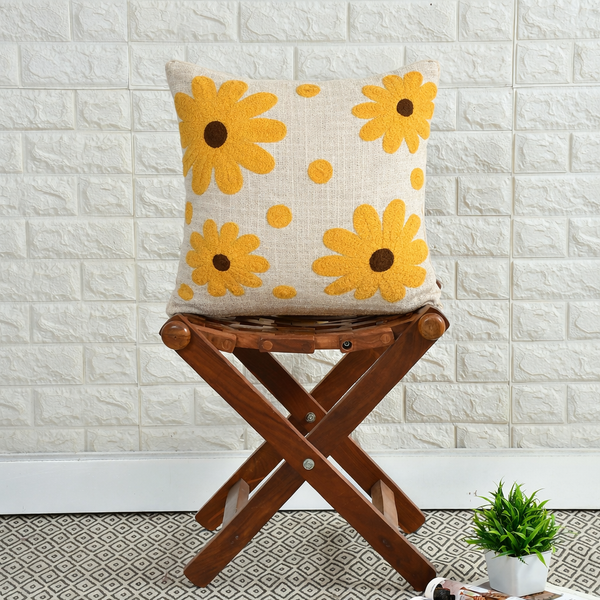 Hand Tufted Cotton Cushion Cover with Yellow Floral Design - 16x16 Inch (40x40 cm)