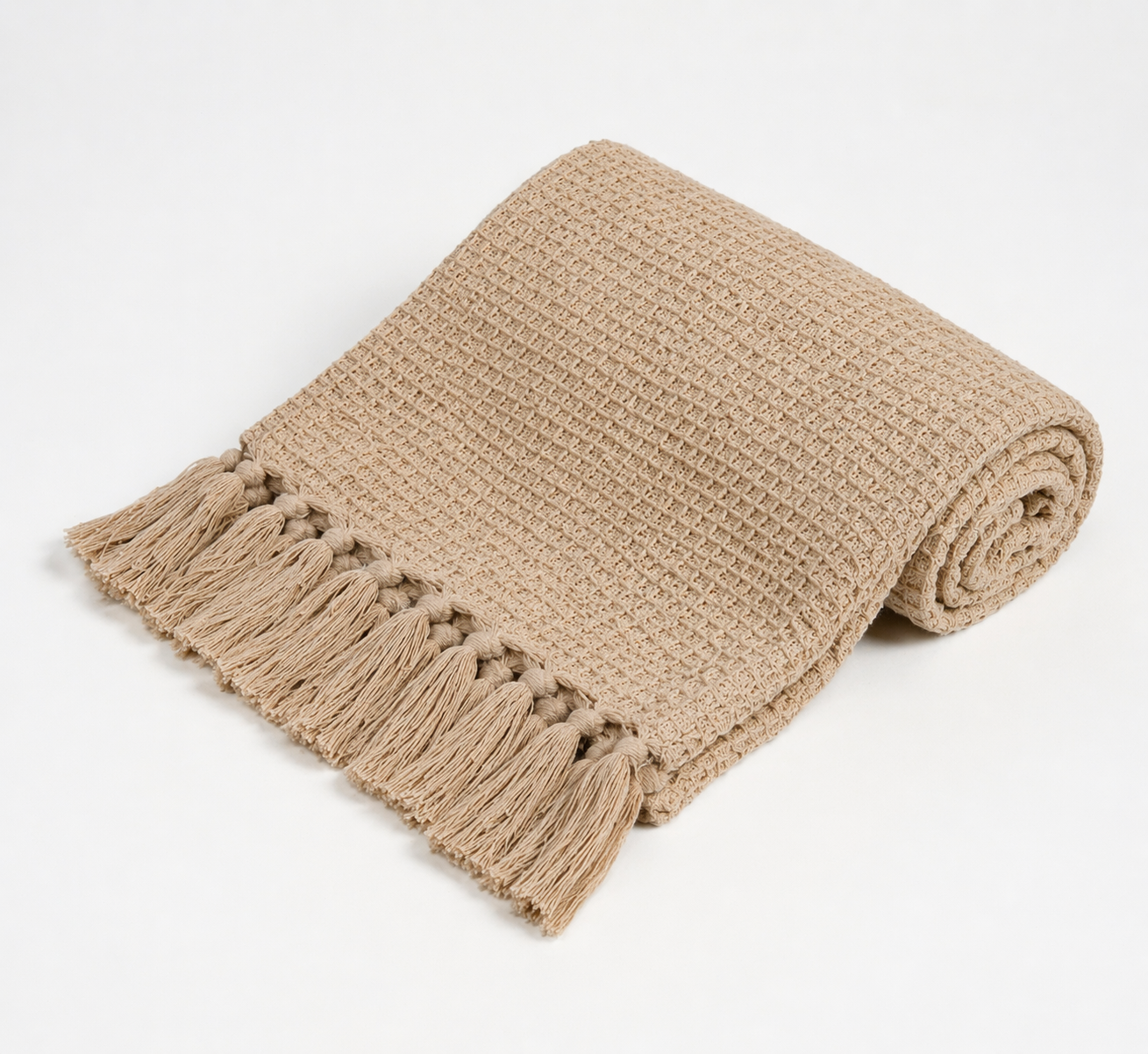 Weavers Hut 100% Cotton Waffle Throw Blanket with Tassels – Soft Breathable Sofa & Bed Throw for Couch, Living Room & Bedroom – Beige – 125 x 150 cm (50 x 60 Inches)