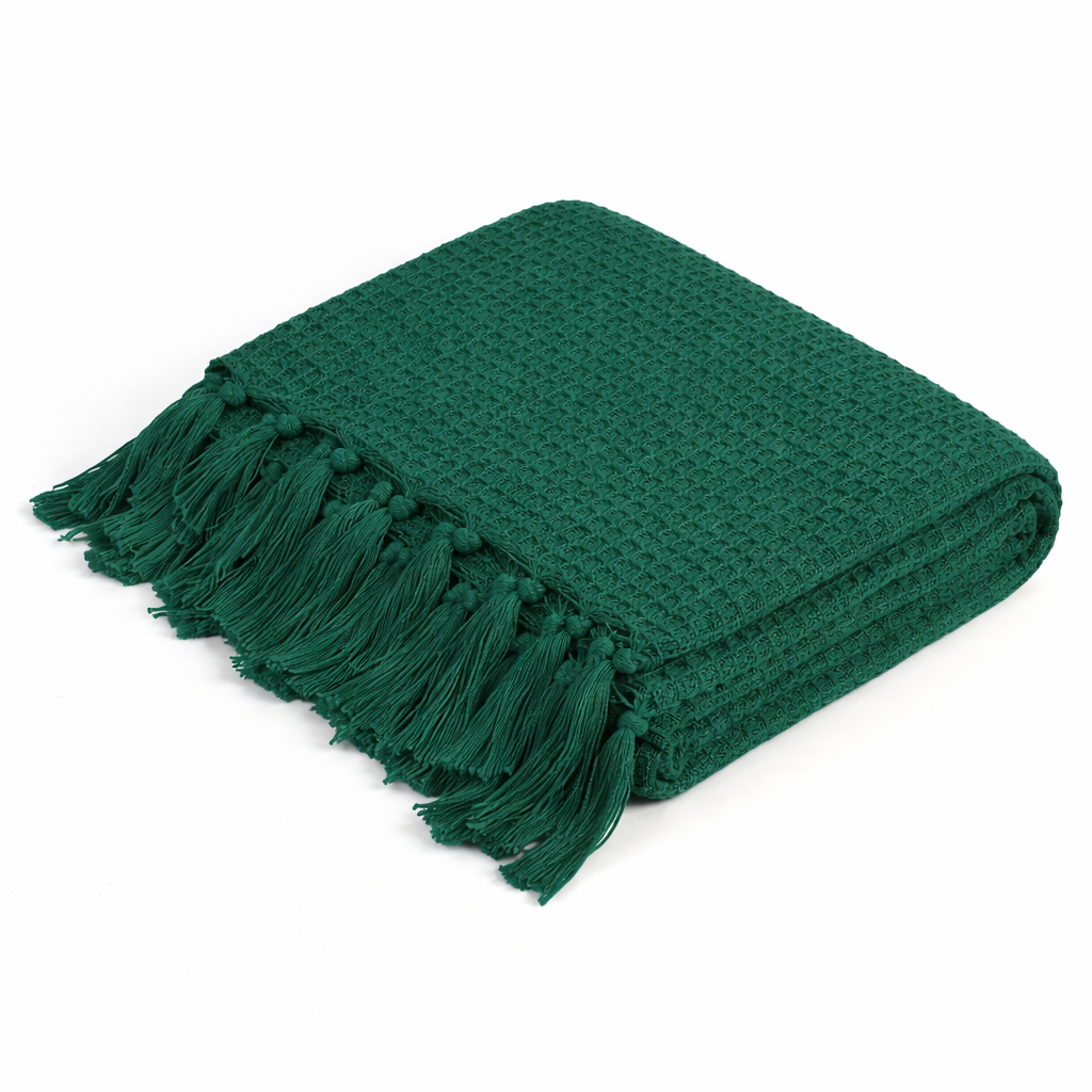 Weavers Hut 100% Cotton Waffle Throw Blanket with Tassels – Soft Breathable Sofa & Bed Throw for Couch, Living Room & Bedroom – Emerald Green – 125 x 150 cm (50 x 60 Inches)