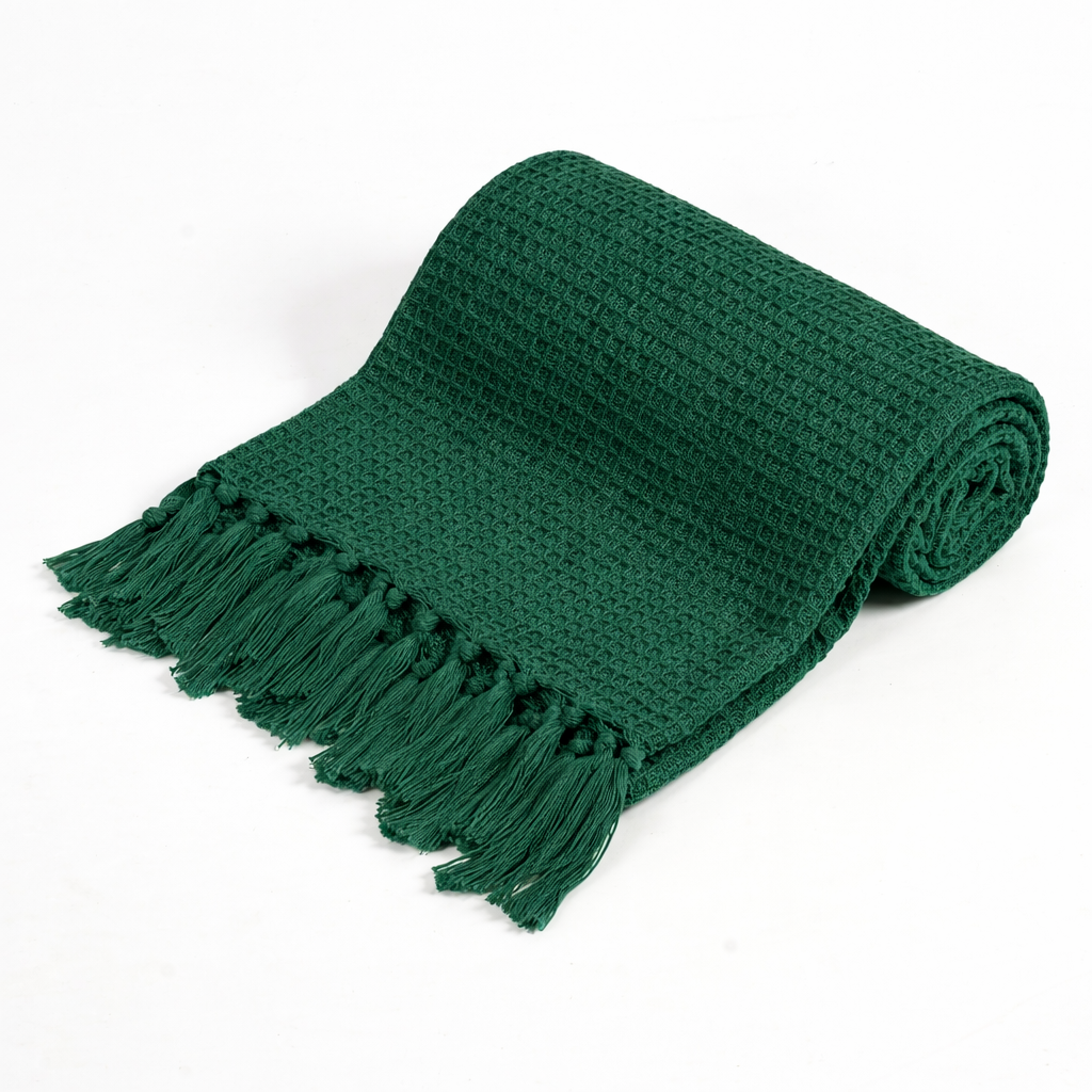 Weavers Hut 100% Cotton Waffle Throw Blanket with Tassels – Soft Breathable Sofa & Bed Throw for Couch, Living Room & Bedroom – Emerald Green – 125 x 150 cm (50 x 60 Inches)