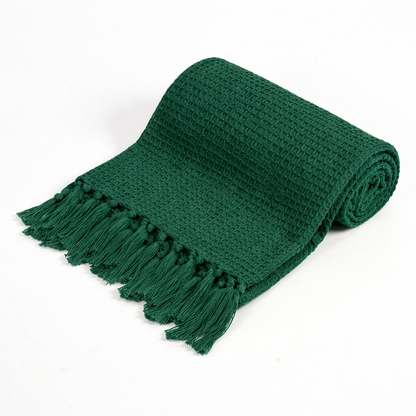 Weavers Hut 100% Cotton Waffle Throw Blanket with Tassels – Soft Breathable Sofa & Bed Throw for Couch, Living Room & Bedroom – Emerald Green – 125 x 150 cm (50 x 60 Inches)