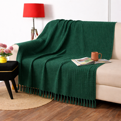 Weavers Hut 100% Cotton Waffle Throw Blanket with Tassels – Soft Breathable Sofa & Bed Throw for Couch, Living Room & Bedroom – Emerald Green – 125 x 150 cm (50 x 60 Inches)