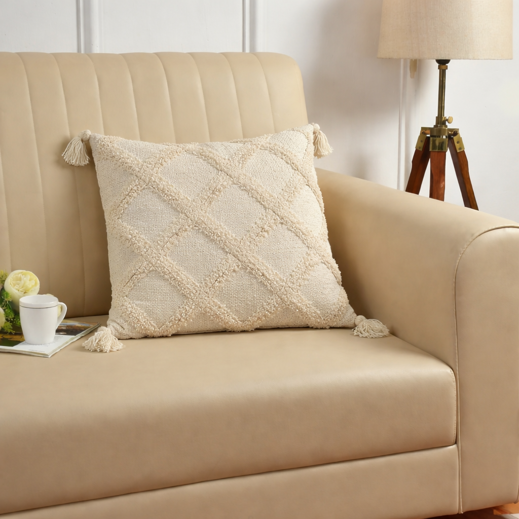 Hand Tufted Cushion Cover with Tassels – Beige | 16x16 Inch (40x40 cm)