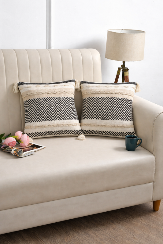 Boho Handwoven Cushion Cover – 16x16 Inch (40x40 cm) | Ethnic Black & Beige Decor Pillow Cover