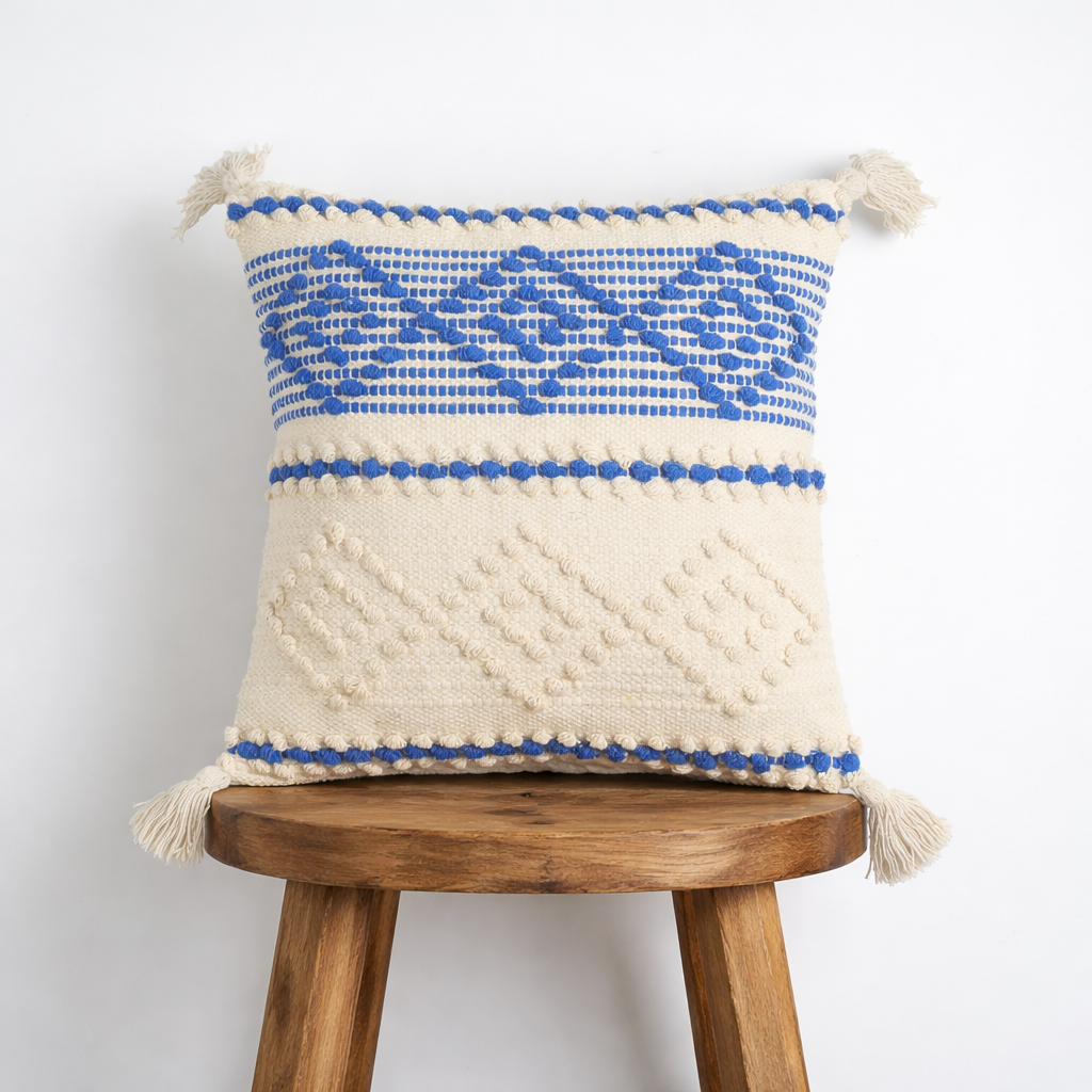 Handwoven Textured Cushion Cover with Tassels – Blue & Ivory | 40x40 cm (16x16 Inch)