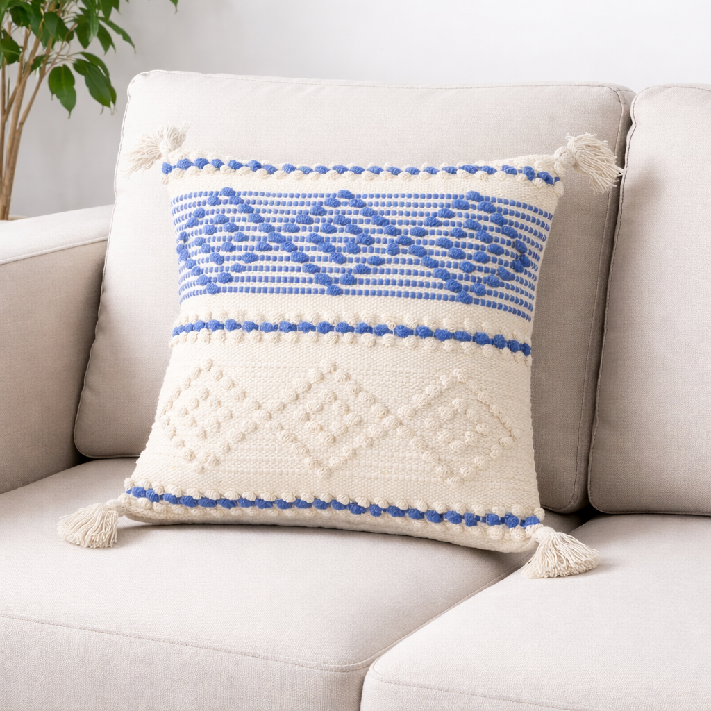 Handwoven Textured Cushion Cover with Tassels – Blue & Ivory | 40x40 cm (16x16 Inch)