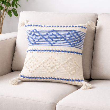Handwoven Textured Cushion Cover with Tassels – Blue & Ivory | 40x40 cm (16x16 Inch)