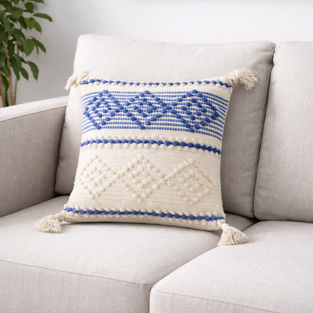 Handwoven Textured Cushion Cover with Tassels – Blue & Ivory | 40x40 cm (16x16 Inch)