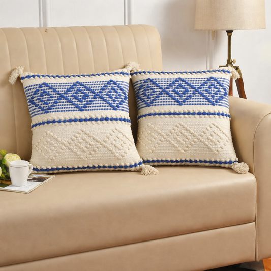 Handwoven Textured Cushion Cover with Tassels – Blue & Ivory | 40x40 cm (16x16 Inch)