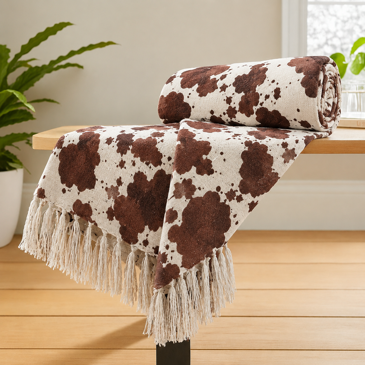 Cotton Printed Throw Blanket – Brown Cow Print, 125 × 150 cm (50 × 60 Inches)