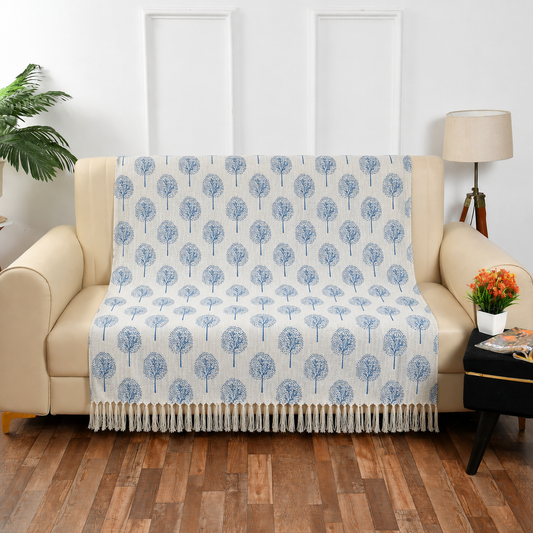 Cotton Printed Throw Blanket – Blue Tree Print, 125 × 150 cm (50 × 60 Inches)