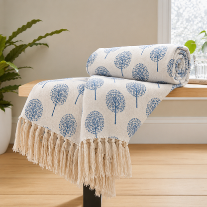 Cotton Printed Throw Blanket – Blue Tree Print, 125 × 150 cm (50 × 60 Inches)