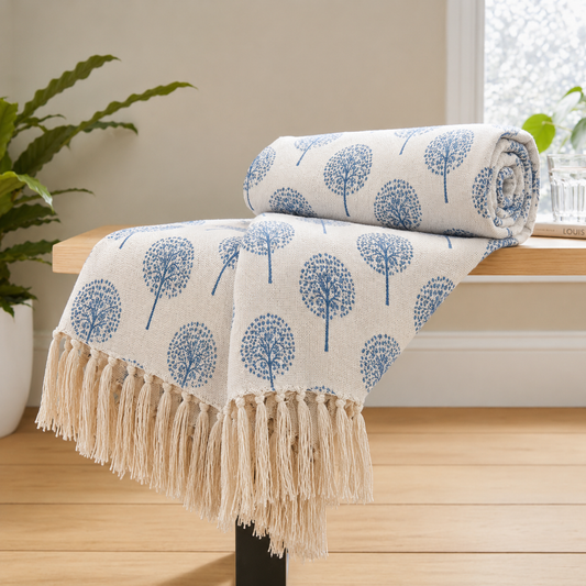 Cotton Printed Throw Blanket – Blue Tree Print, 125 × 150 cm (50 × 60 Inches)