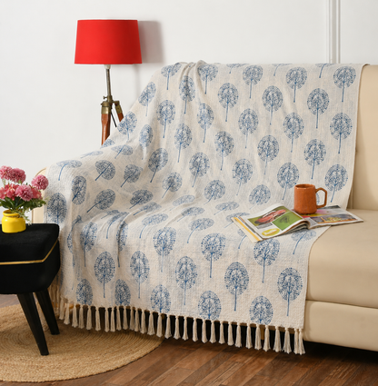Cotton Printed Throw Blanket – Blue Tree Print, 125 × 150 cm (50 × 60 Inches)