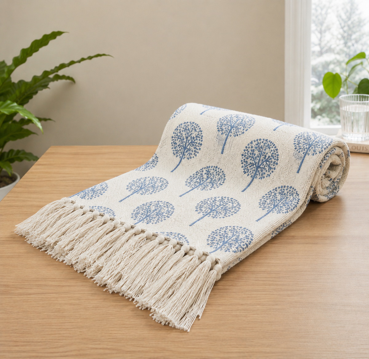 Cotton Printed Throw Blanket – Blue Tree Print, 125 × 150 cm (50 × 60 Inches)