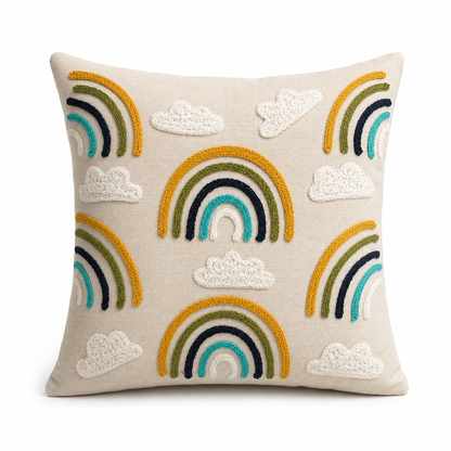 Rainbow Embroidered Cushion Covers – Boho Tufted Cotton Throw Pillow Covers