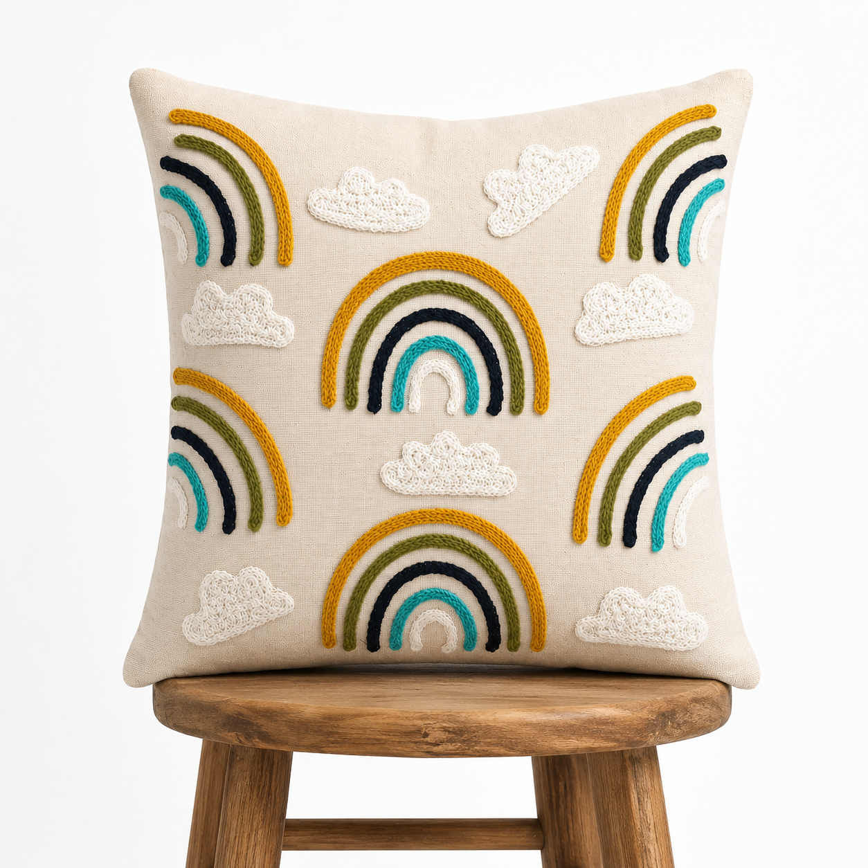 Rainbow Embroidered Cushion Covers – Boho Tufted Cotton Throw Pillow Covers