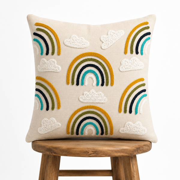 Rainbow Embroidered Cushion Covers – Boho Tufted Cotton Throw Pillow Covers