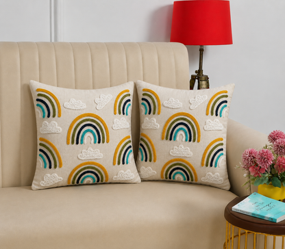 Rainbow Embroidered Cushion Covers – Boho Tufted Cotton Throw Pillow Covers