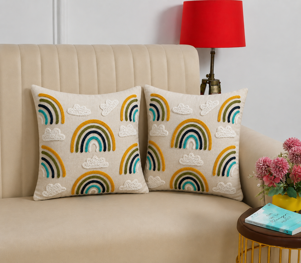 Rainbow Embroidered Cushion Covers – Boho Tufted Cotton Throw Pillow Covers