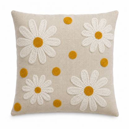 Daisy Tufted Cushion Cover – Floral Embroidered Cotton Throw Pillow Cover for Sofa & Bed