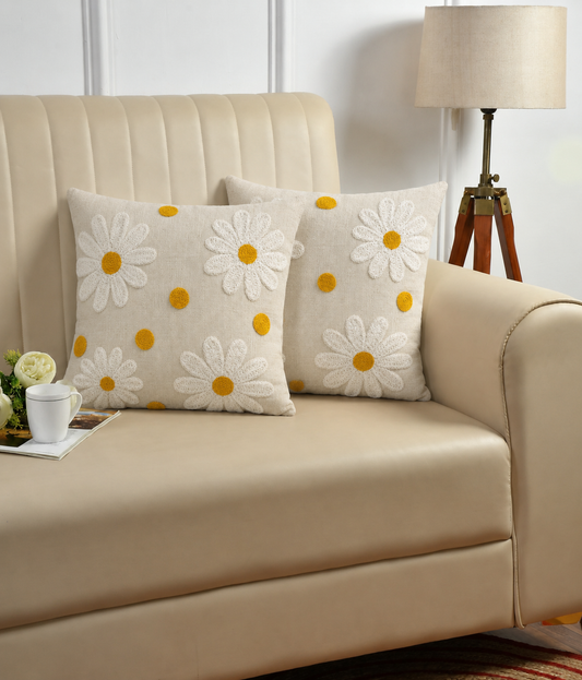 Daisy Tufted Cushion Cover – Floral Embroidered Cotton Throw Pillow Cover for Sofa & Bed