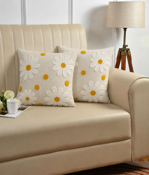 Daisy Tufted Cushion Cover – Floral Embroidered Cotton Throw Pillow Cover for Sofa & Bed
