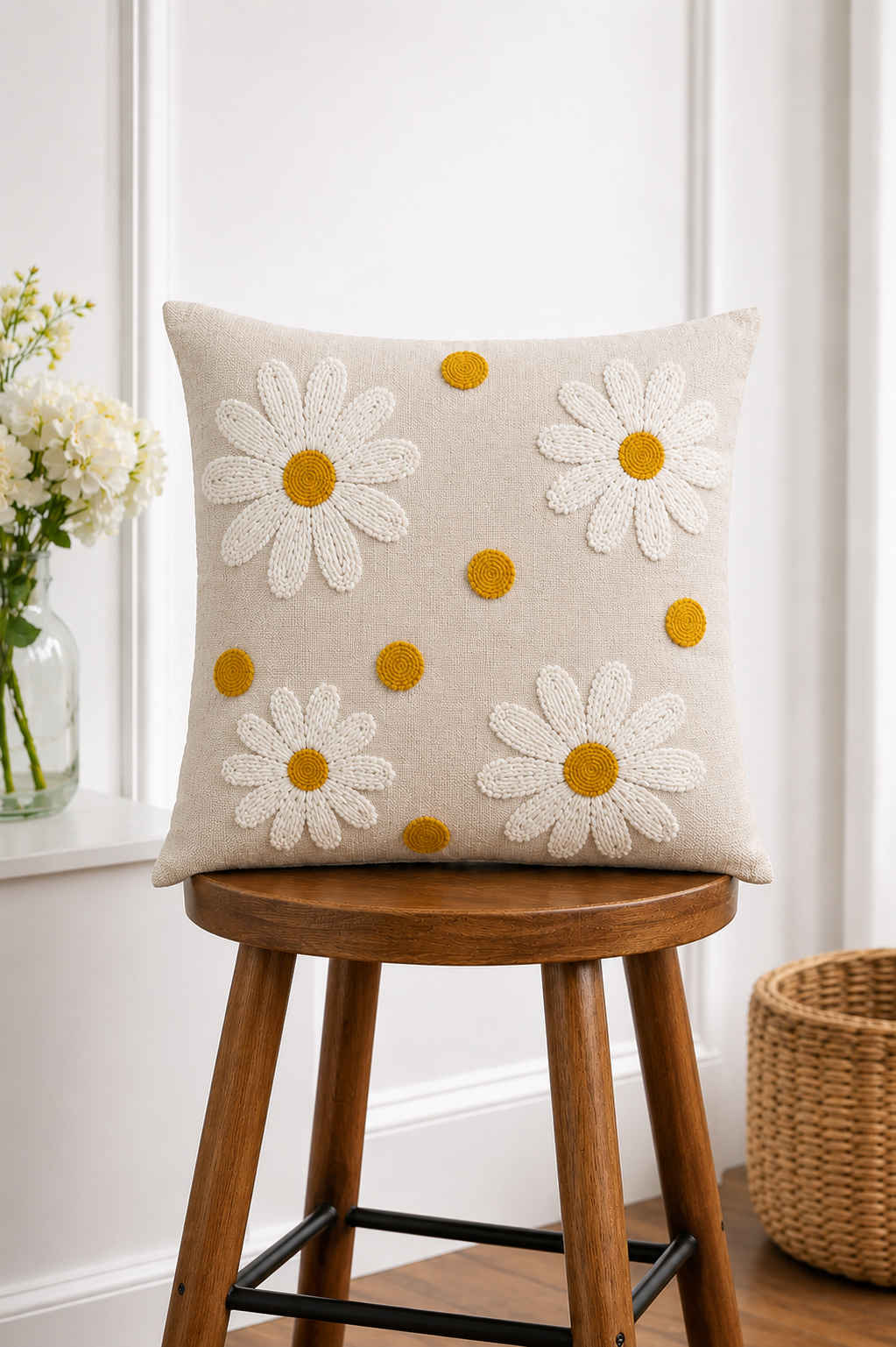 Daisy Tufted Cushion Cover – Floral Embroidered Cotton Throw Pillow Cover for Sofa & Bed