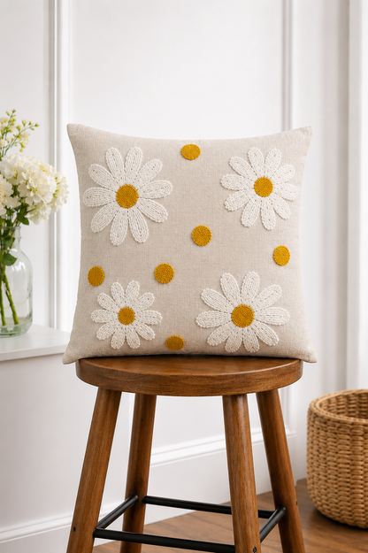 Daisy Tufted Cushion Cover – Floral Embroidered Cotton Throw Pillow Cover for Sofa & Bed