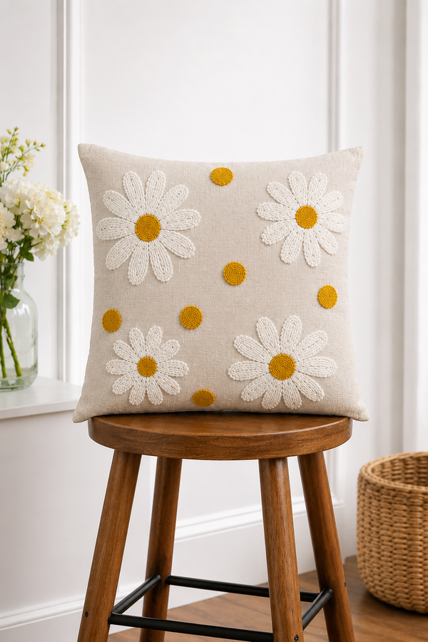Daisy Tufted Cushion Cover – Floral Embroidered Cotton Throw Pillow Cover for Sofa & Bed