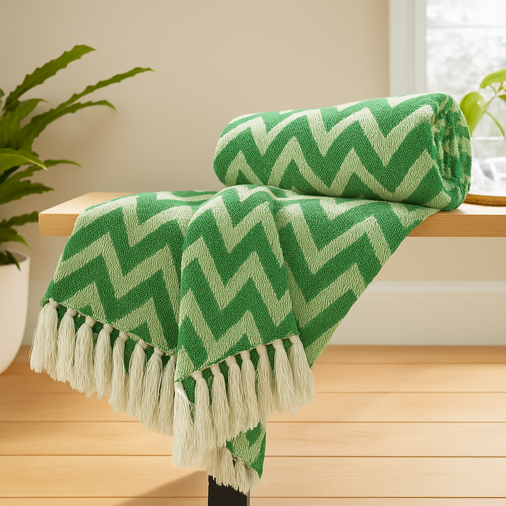 Zigzag Pattern Cotton Throw with Tassels – Green | 130×170 cm