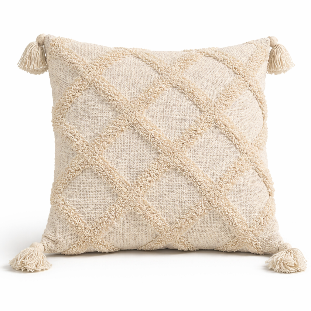 Hand Tufted Cushion Cover with Tassels – Beige | 16x16 Inch (40x40 cm)