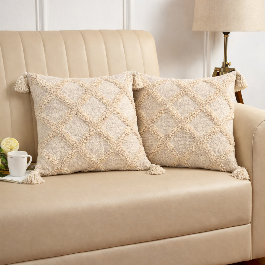 Hand Tufted Cushion Cover with Tassels – Beige | 16x16 Inch (40x40 cm)