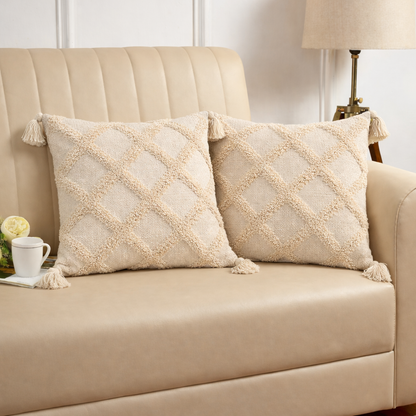 Hand Tufted Cushion Cover with Tassels – Beige | 16x16 Inch (40x40 cm)