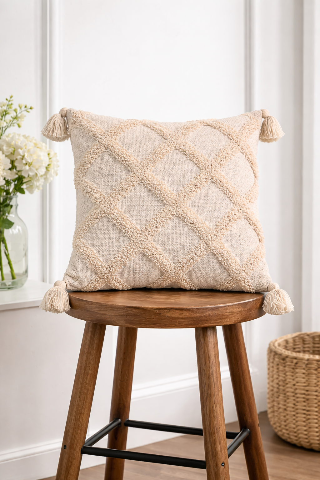 Hand Tufted Cushion Cover with Tassels – Beige | 16x16 Inch (40x40 cm)