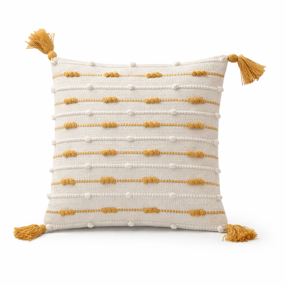 Handwoven Textured Cushion Cover with Tassels – Ivory & Mustard | 40x40 cm (16x16 Inch)