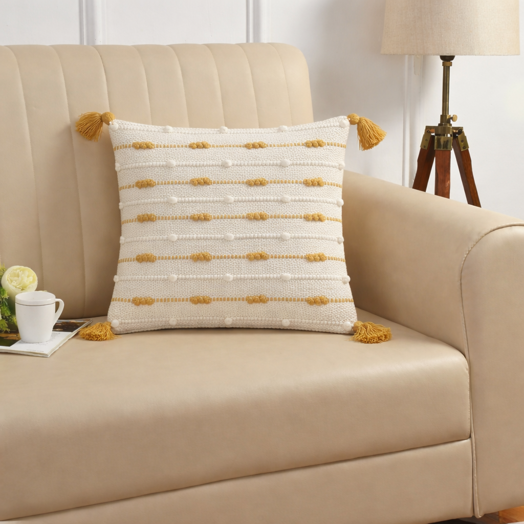 Handwoven Textured Cushion Cover with Tassels – Ivory & Mustard | 40x40 cm (16x16 Inch)