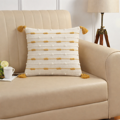 Handwoven Textured Cushion Cover with Tassels – Ivory & Mustard | 40x40 cm (16x16 Inch)