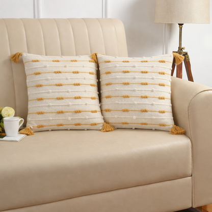 Handwoven Textured Cushion Cover with Tassels – Ivory & Mustard | 40x40 cm (16x16 Inch)