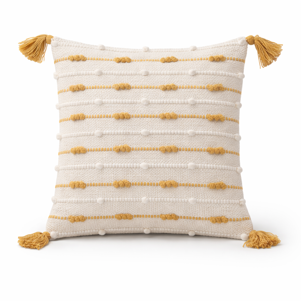 Handwoven Textured Cushion Cover with Tassels – Ivory & Mustard | 40x40 cm (16x16 Inch)