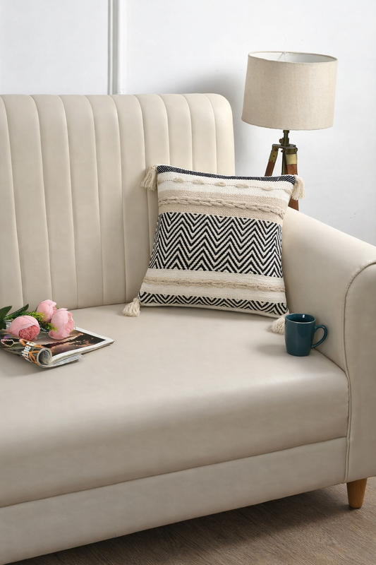 Boho Handwoven Cushion Cover – 16x16 Inch (40x40 cm) | Ethnic Black & Beige Decor Pillow Cover