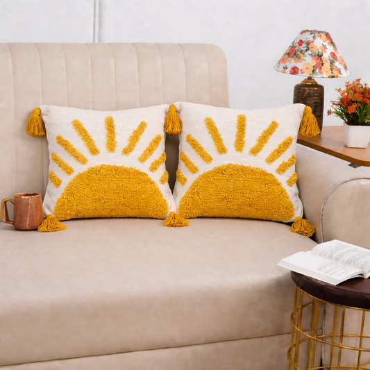 Cotton Tufted Cushion Cover – 16x16 Inches (40x40 cm) | Boho Sun Design Pillow Cover