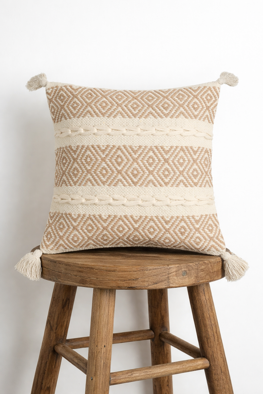 Handwoven Textured Cushion Cover with Tassels – Beige | 40x40 cm (16x16 Inch)