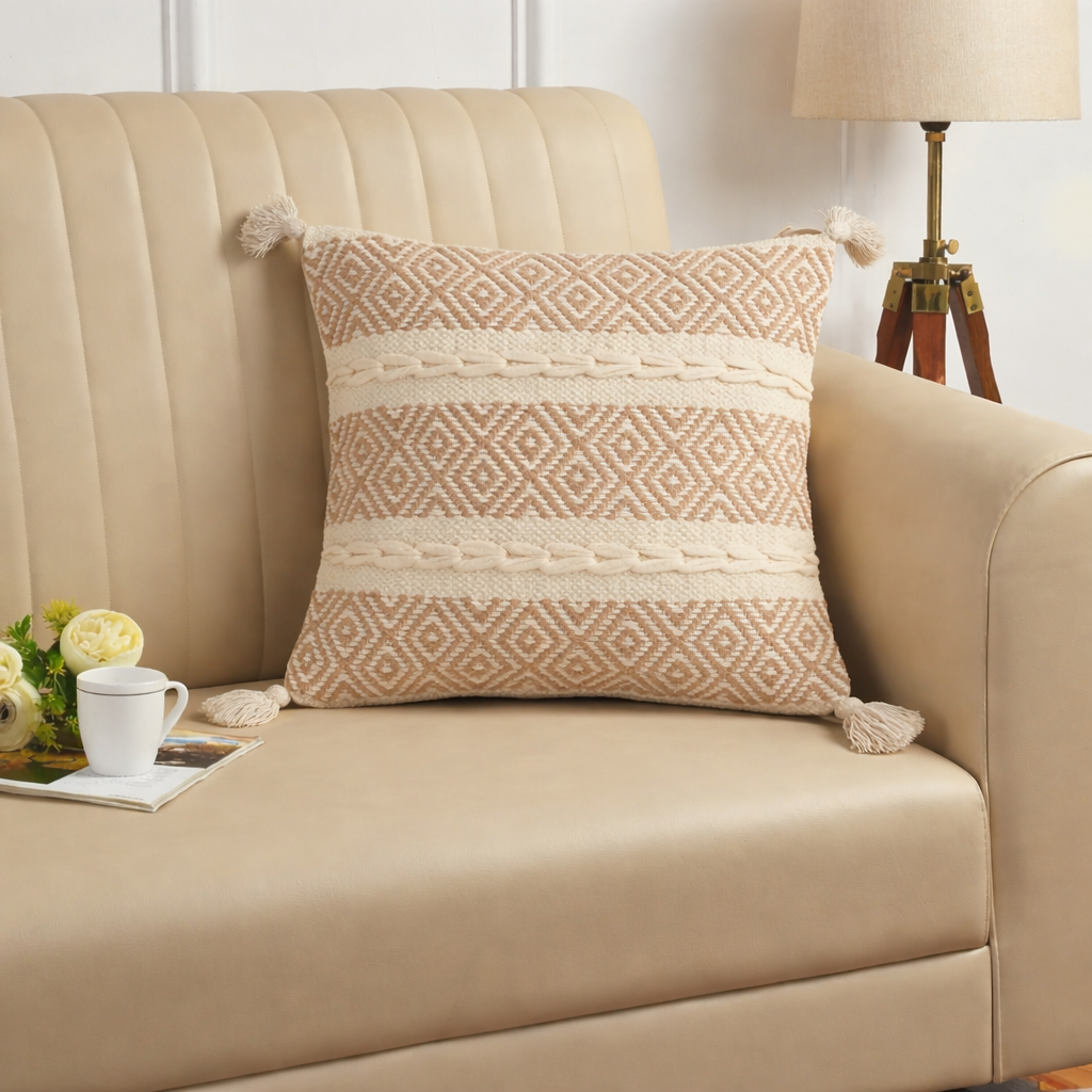 Handwoven Textured Cushion Cover with Tassels – Beige | 40x40 cm (16x16 Inch)